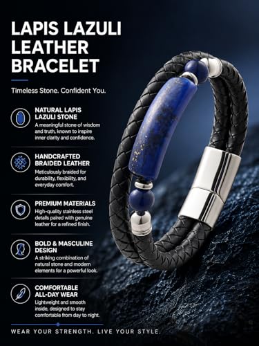 Mens Black Leather Obsidian/Turquoise/Tiger Eye/Red Agate Bracelet–Braided Multi‑Layer Wristband Cuff Bangle Bracelet with Stainless Steel Clasp Gift Jewelry Box Included - color: Style 3: Lapis Lazuli, size: 8.3in(Fits most wrists)