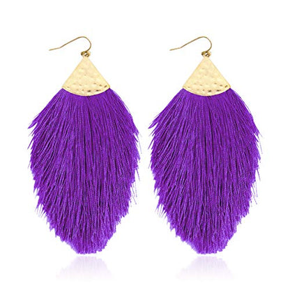 Bohemian Silky Thread Fan Fringe Tassel Statement Earrings - Lightweight Strand Feather Shape Dangles - color: Feather Fringe - Purple