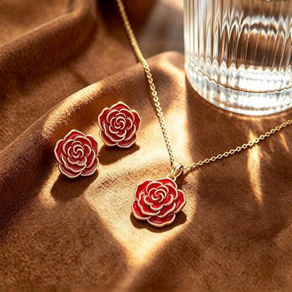 Enamel Rose Necklace and Earrings Jewelry Set for Women | 14K Gold Plated,Rose Represent: Love Gratitude Prid,Adjustable Chain Fit,Elegant Sets for Daily and Party Wear,Gift Box - color: Red