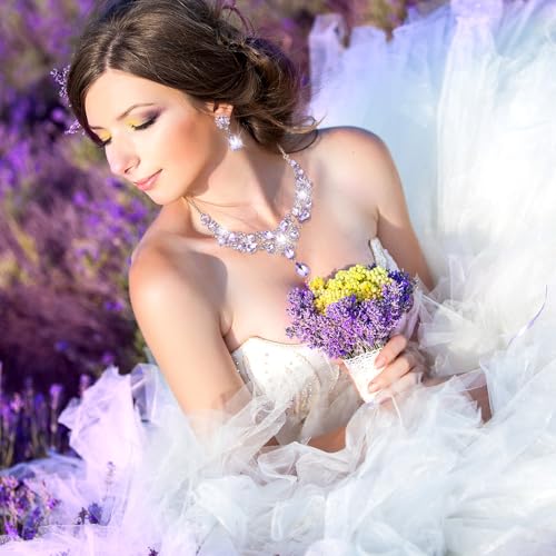 Hicarer Bridal Teardrop Cluster Crystal Jewelry Set for Women Necklace Earrings Wedding - color: Light Purple