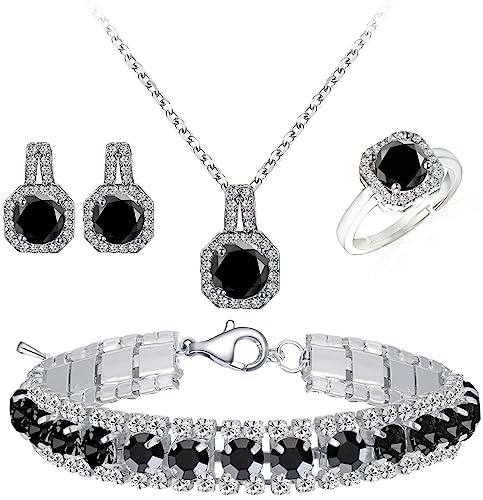 Paxuan 4pcs Cubic Zirconia Wedding Jewelry Sets for Bride Bridesmaid Cubic Zirconia Pendant Necklace Earrings Link Tennis Bracelet Open Ring Set for Women - color: Platinum Plated Black Cubic Zirconia