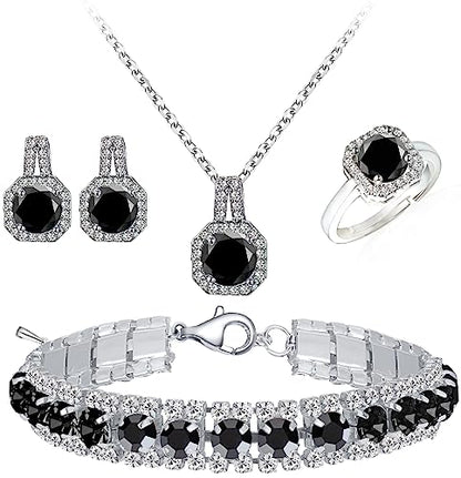Paxuan 4pcs Cubic Zirconia Wedding Jewelry Sets for Bride Bridesmaid Cubic Zirconia Pendant Necklace Earrings Link Tennis Bracelet Open Ring Set for Women - color: Platinum Plated Black Cubic Zirconia