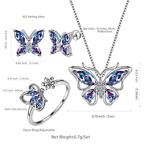 Aurora Tears Butterfly Jewelry,Women 925 Sterling Silver Butterflies Birthstone Pendant Necklace/Earrings/Rings Wedding Gift - color: M.Mysitc-set 2