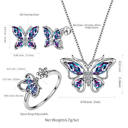 Aurora Tears Butterfly Jewelry,Women 925 Sterling Silver Butterflies Birthstone Pendant Necklace/Earrings/Rings Wedding Gift - color: M.Mysitc-set 2
