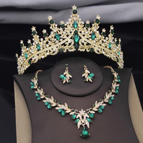 Women Tiaras and Crowns Bridal Jewelry Set with Rhinestones, Gold Plated Floral Necklace Tiara and Earrings, Wedding Birthday Party Accessories - color: Gold Green