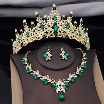 Women Tiaras and Crowns Bridal Jewelry Set with Rhinestones, Gold Plated Floral Necklace Tiara and Earrings, Wedding Birthday Party Accessories - color: Gold Green