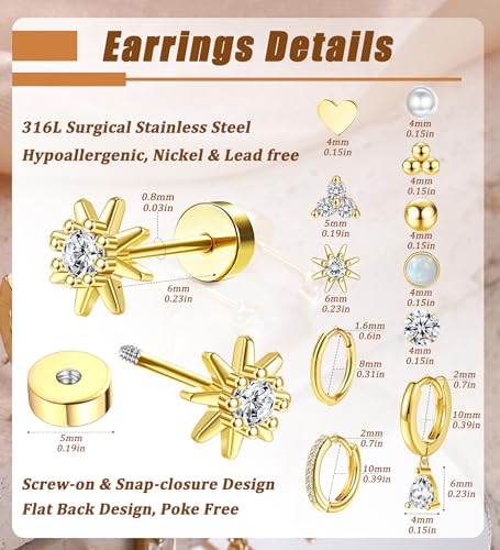 MJust 18 Pairs Earrings Set – Flat Back Stud Hypoallergenic 20G Steel stud | 18 Pairs Flat Back Earrings Set – Hypoallergenic 316L Steel Studs for Cartilage & Lobe Piercings - color: Golden-11P