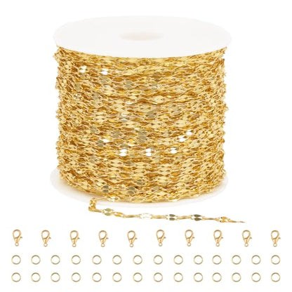 GTVOODX 33 Feet 18K Gold Plated Stainless Steel Chains for Jewelry Making | 2mm Dapped Sequin Permanent Jewelry Chain Spool Bulk for DIY Necklace and Bracelet Accessories - color: Gold Lip