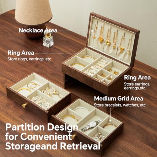 Black Walnut 3 Layer Wooden Jewelry Box Organizer | For Women & Men, Velvet Lining, Earring & Ring Organizer, Large Capacity Drawer Design, For Necklaces & Bracelets - style: 3 layers