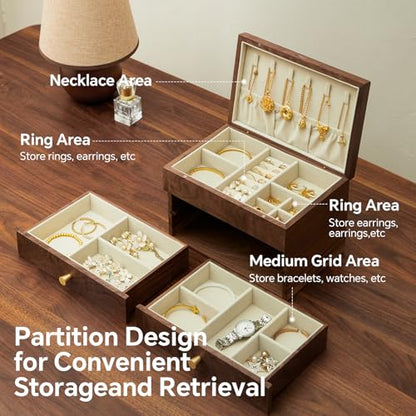 Black Walnut 3 Layer Wooden Jewelry Box Organizer | For Women & Men, Velvet Lining, Earring & Ring Organizer, Large Capacity Drawer Design, For Necklaces & Bracelets - style: 3 layers