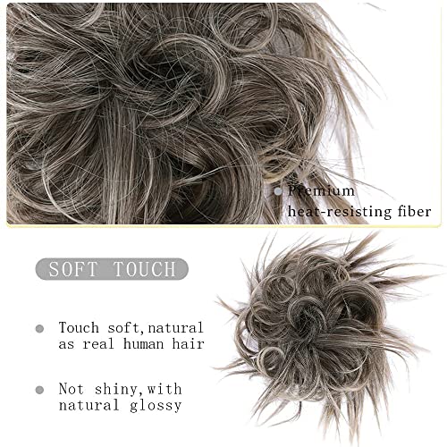 HMD Tousled Updo Messy Bun Hair Piece for Women Curly Hair Bun | Synthetic Messy Hair Bun Scrunchies Tousled Updos Ponytail Hairpieces for Daily Wear - color: Ash Blonde Mix Dark Brown