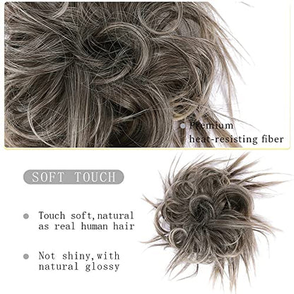 HMD Tousled Updo Messy Bun Hair Piece for Women Curly Hair Bun | Synthetic Messy Hair Bun Scrunchies Tousled Updos Ponytail Hairpieces for Daily Wear - color: Ash Blonde Mix Dark Brown