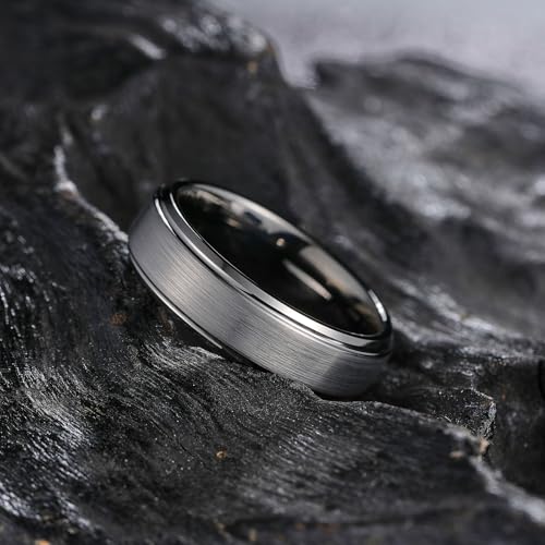 King Will Classic Tungsten Wedding Band for Men, 6/7/8/9/10mm Widths, Polished Finish Step Edge Matte Rings Comfort Fit - color: D-gunmetal 6mm