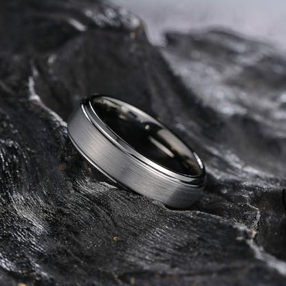 King Will Classic Tungsten Wedding Band for Men, 6/7/8/9/10mm Widths, Polished Finish Step Edge Matte Rings Comfort Fit - color: D-gunmetal 6mm