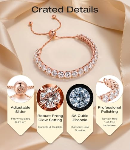 Lovans 14K Gold Plated Tennis Bracelets,White/Yellow/Rose Gold-plated Adjustable Cubic Zirconia Tennis Bracelet for Women - color: Rose Gold, size: 4MM White