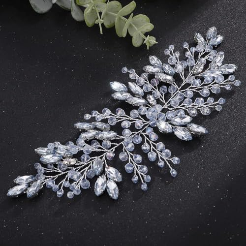 Boho Light Blue Crystal Silver Headband for Women Girls Wedding Bridal Handmade Branches Headpiece Special Occasion Hair Styling Jewelry (Silver) - color: Silver