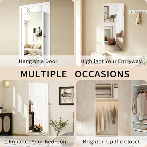 Lockable Jewelry Cabinet Organizer with Full Length Mirror, 6 Auto LED Lights, Wall & Over Door Mount Jewelry Armoire with Earring Slots, Necklace Hooks, Foldable Makeup Shelf - color: White
