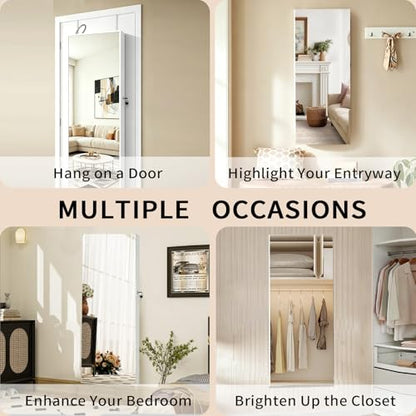 Lockable Jewelry Cabinet Organizer with Full Length Mirror, 6 Auto LED Lights, Wall & Over Door Mount Jewelry Armoire with Earring Slots, Necklace Hooks, Foldable Makeup Shelf - color: White