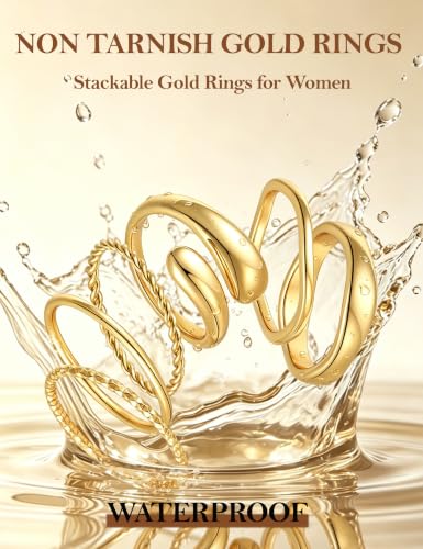 Apsvo Gold Rings for Women Non Tarnish, 6Pcs 14K Gold Plated Stackable Chunky Rings Set Trendy Statement Wedding Bands Pinky Thumb Rings Stacking Size 5-10 - color: Gold