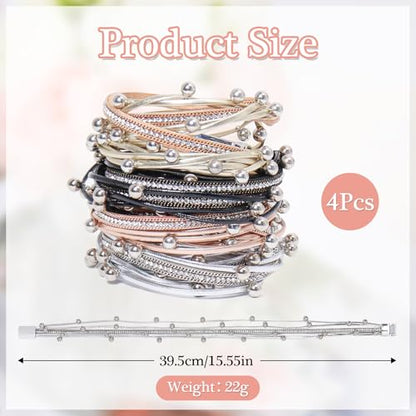 2 Pcs Leather Wrap Bracelets for Women Boho Rustic Multi-Layer Bracelet Clasp Beads Stackable Faux Rhinestone Bracelet Cuff for Women Slender Wrist - color: Black