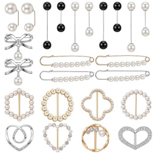 16PCS Pearl Brooch Pins Set & 8PCS Scarf Ring Clip | Decorative Safety Pins for Clothing T-shirt Ties Clips Pearl Collar Clips Dress Cinch Clip for Clothes Cardigan Dress Sweater