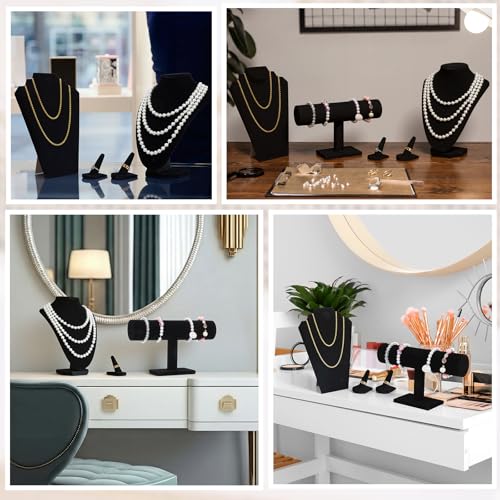 Leinuosen 5 Pcs Velvet Jewelry Display Set for V-shaped and Flat Necklace Bust Stand Ring Finger Holder T Shape Bracelet Stand