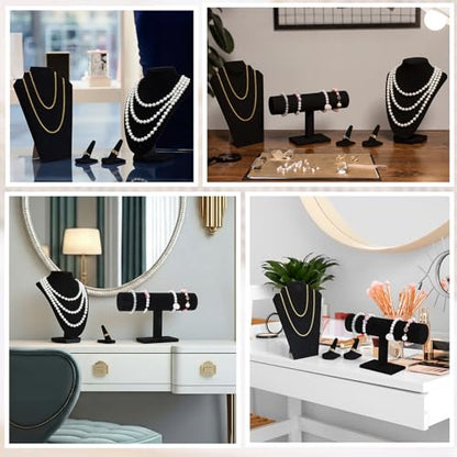 Leinuosen 5 Pcs Velvet Jewelry Display Set for V-shaped and Flat Necklace Bust Stand Ring Finger Holder T Shape Bracelet Stand