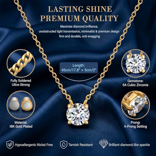 18K Gold Plated Pendant Necklace for Women, 1.2 Carat 7mm Cubic Zirconia Solitaire Dainty Necklace, Anniversary Birthday Mothers Day Gift Adjustable Chain - color: Yellow Gold