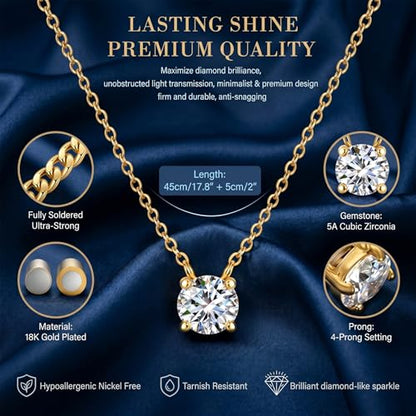 18K Gold Plated Pendant Necklace for Women, 1.2 Carat 7mm Cubic Zirconia Solitaire Dainty Necklace, Anniversary Birthday Mothers Day Gift Adjustable Chain - color: Yellow Gold