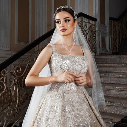 Rhinestone Wedding Jewelry Sets for Bridal Women Crystal Necklace Bracelet Earrings Set Prom Jewelry Set for Brides - color: Pink Gold