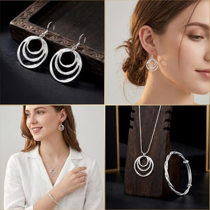 3 Pack Silver Jewelry Sets for Women, Boho Necklace & Earring & Adjustable Bracelet