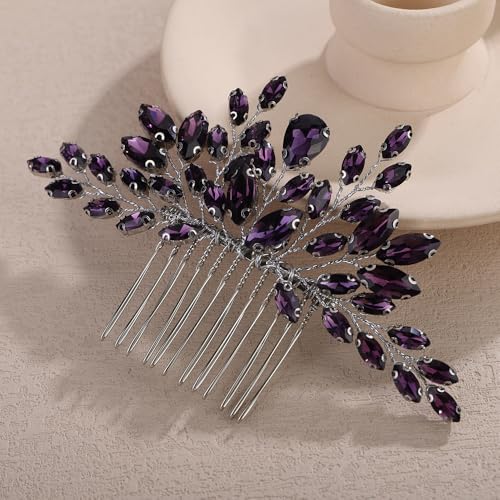 Teyglen Vintage Purple Crystal Wedding Hair Comb Simple Full Rhinestone Hair Piece Bridal Hair Accessories for Women Party Prom(Purple) - color: Purple