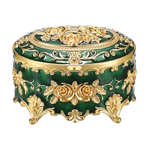 Hipiwe Vintage Jewelry Box Oval Trinket Ring Display Case, Antique Green | Decorative Treasure Box Earrings Necklace Ring Holder with Engraved Rose Pattern, Christmas Gift for Women - color: Green