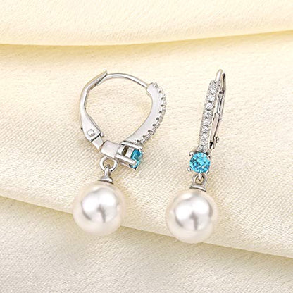 JO WISDOM 925 Sterling Silver Freshwater Pearl Hoop Earrings with Dangle Real Pearl,Simulated Pearls - color: B-8mm white pearl,aquamarine color