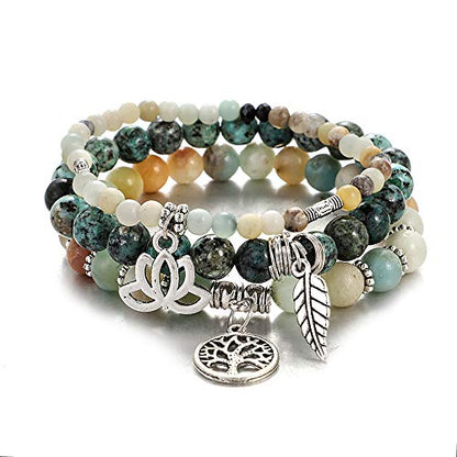 Tree of Life Yoga Healing Stone Bracelets,Multilayer Lotus Chakra Stone Reiki Bracelet Sets,Anxiety Crystal Natural Stone,for Women Stress Relief - style: Style 8 Amazonite + African Turquoise