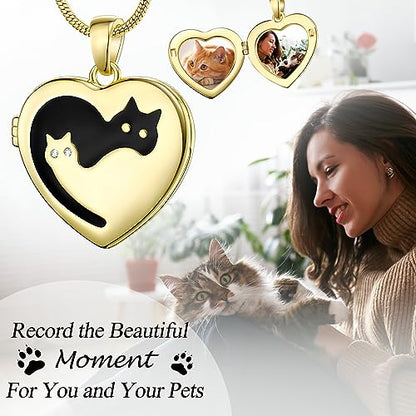 Fanery Sue Personalized Pet Locket Picture Necklace,Dog Cat Memory Gift | Custom Engraved Heart Photo Lockets Necklaces,Dog Cat Sympathy Memorial Jewelry for Women Men - color: Golden, style: 2 Cats