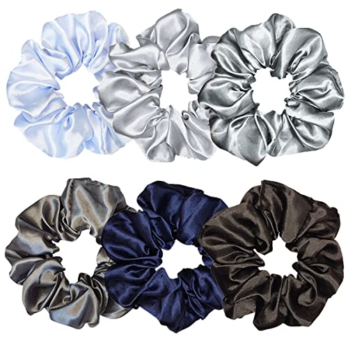 6 Pcs Satin Silk Scrunchies - Soft Hair Ties, Fashion Hair Bands, Bows, Elastic Bracelets, and Ponytail Holders for Women and Girls (4.5 Inch, Blue and Gray) - color: Assorted Blue and Gray