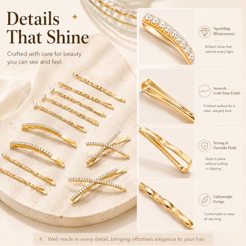16Pcs Gold Rhinestone Pins Set, Delicate Crystal Hair Clips for Women Girls, Shiny Metal Barrettes Fancy Decorative Hair Accessories for Wedding Prom Party Daily Use