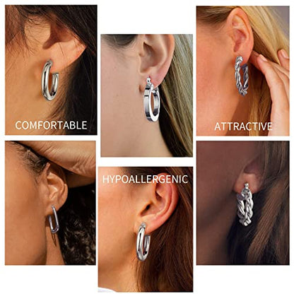 9 Pairs Gold Hoop Earrings for Women, 14K Real Gold Plated Chunky Hoop Earrings Set for Women Hypoallergenic Thick Lightweight Earring for Womens Jewelry Gifts - color: White Gold-Plated