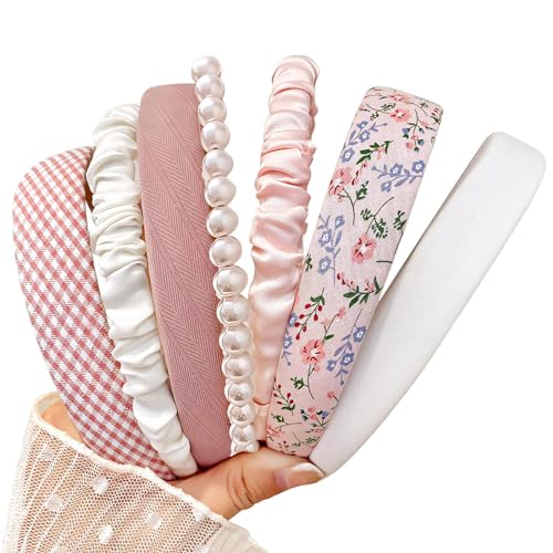 Headbands for Women Girls, 7pc Set - Non Slip Floral Padded Headbands Cute Pearl Headband for Girls Vintage Wide Headband - color: Pink