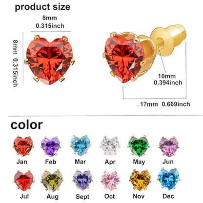 8mm Heart-Cut Birthstone Stud Earrings for Women – 18K Gold Plated Hypoallergenic Cubic Zirconia Earrings, Nickel Free, 12 Months Colors, Everyday Jewelry, Gift for Her, Bridal, Birthday, Christmas - color: 01 Jan Garnet