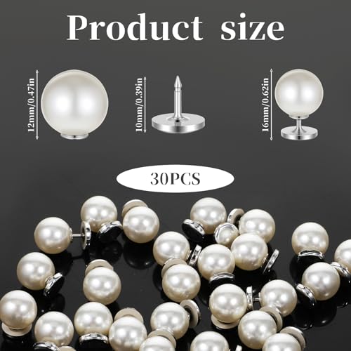 30 Sets Pearl Buttons for Clothes No Sew, 12mm Pearl Brooch Pins Decorative Safety Pins for Women Clothing, Dresses, Shirts, DIY Crafts, White