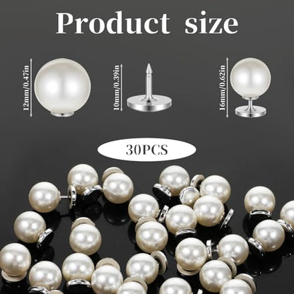 30 Sets Pearl Buttons for Clothes No Sew, 12mm Pearl Brooch Pins Decorative Safety Pins for Women Clothing, Dresses, Shirts, DIY Crafts, White