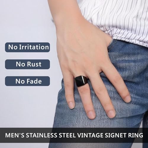Men's Stainless Steel Square Biker Signet Ring, Black Silver Gold Styles | plain flat top, polished and brushed finish options, chunky profile, pinky or thumb styling, gift-ready for dad or him - color: Black