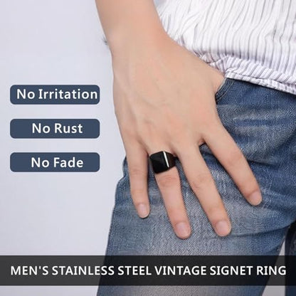 Men's Stainless Steel Square Biker Signet Ring, Black Silver Gold Styles | plain flat top, polished and brushed finish options, chunky profile, pinky or thumb styling, gift-ready for dad or him - color: Black