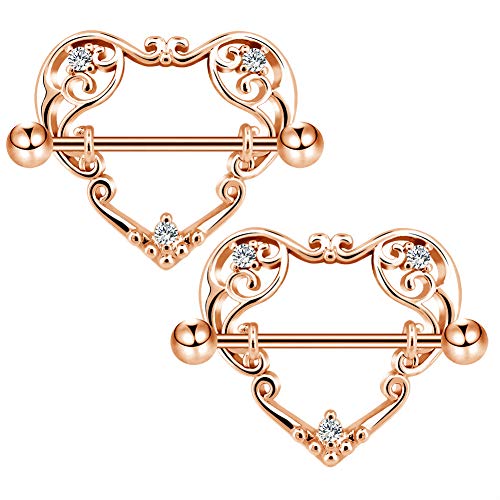 14G Heart Nipple Rings for Women Surgical Steel CZ Nipple Piercings Nipple Barbells Nipple Bars Gold Silver Rose Gold - color: Rose Gold