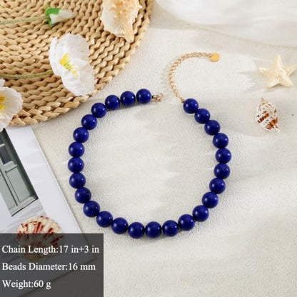 Chunky Beaded Necklace for Women 16mm Round Bead Resin Modern Statement Necklace Jewelry Accessories - color: blue