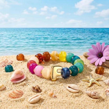 Bubble Initial Chunky Beaded Bracelet for Women Colorful Resin Bead Trendy Statement Big Stretch Bracelets Summer Beach Boho Charm Jewelry Cute Gifts for Women - color: Initial F