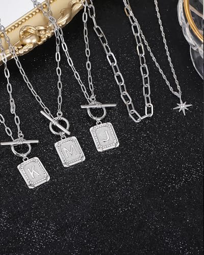 MJartoria Layered Initial Necklaces for Women | 14K Gold Plated Brass, Star Choker, Square Letter Pendant, Paperclip Chain - color: Silver, style: M