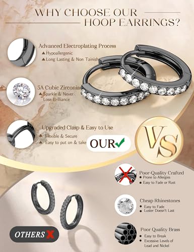 Jstyle Small Gold Hoop Earrings for Women, CZ/Plain Hoops Earring Stacks | Hypoallergenic Earing Hoops for Sensitive Ears, Secure Clasps, Huggie Earrings Stack Set for Cartilage, 14K Gold/Silver/Black - color: Black Tone